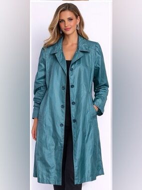 Light Teal Button-Front Trench Coat for Women